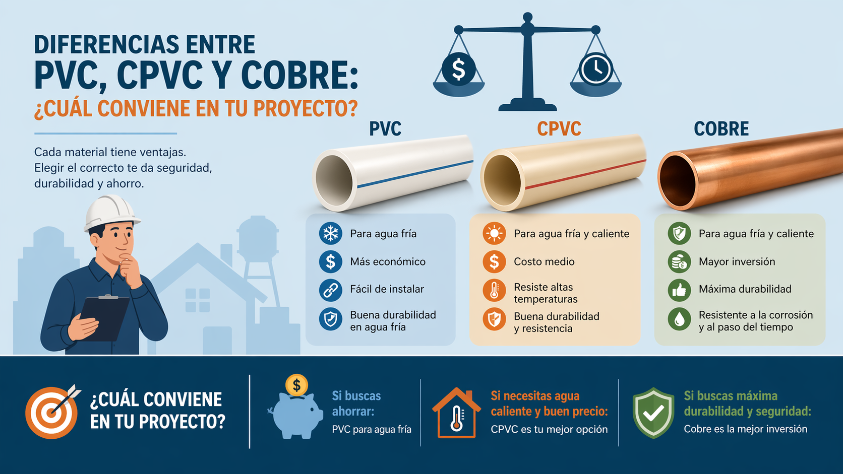 Diferencias entre PVC, CPVC y cobre: ¿cuál conviene en tu proyecto?